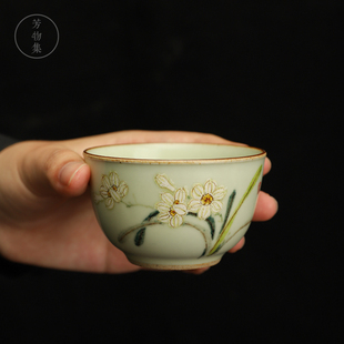 景德镇手工秘黄釉主人杯手绘釉下彩水仙杯中式复古茶杯陶瓷品茗杯