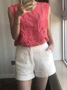泰国单 西瓜红镂空刺绣蕾丝雪纺宽松直筒 上衣T恤雪纺衫