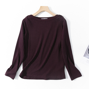 e18-1秋季女装坑条纹一字，圆领毛衣深酱紫色，显瘦气质长袖针织衫