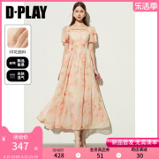 DPLAY2024年夏度假风方领灯笼袖短袖粉色印花连衣裙长裙女