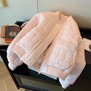 浅粉色方格立领拉链棉服棉衣女冬2023韩版棒球领宽松保暖外套