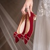 桃夭结婚鞋子新娘鞋酒红色高跟鞋女绒面低跟秀禾服婚鞋中式蝴蝶结