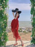 酒红色沙滩裙女小个子海边拍照衣服超仙夏雪纺吊带长裙度假连衣裙