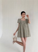 2023盐茶原创设计格子泡泡袖方领连衣裙蓬蓬可爱高腰娃娃裙女夏