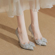 水晶婚鞋银色高跟鞋女大码感主婚纱尖头新娘鞋细跟高跟鞋礼服