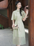 新中式中国风年轻款改良旗袍高腰显瘦清新文艺复古雪纺绣花连衣裙