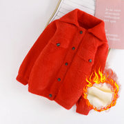 4岁6男童女童毛衣外套开衫，红色秋冬装儿童，宝宝加绒加厚水貂绒
