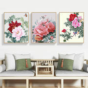 牡丹三联画diy数字油画，高端国风花卉纯色，裸色填色画客厅装饰油彩