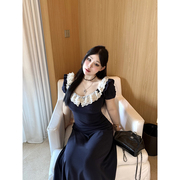黑泽玄七连衣裙女2025夏季新款微胖mm大码收腰显瘦长短款方领裙子