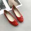 真皮方头浅口平底单鞋，女法式复古红色，漆皮蝴蝶结芭蕾舞奶奶鞋