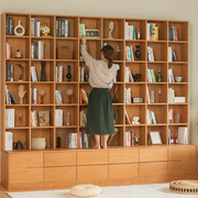 北欧实木书架橡木一体，整墙储物展示柜客厅，樱桃木满墙落地书柜定制
