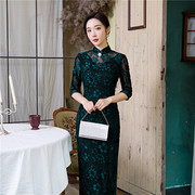黑色蕾丝旗袍年轻款少女年轻款春夏季中袖改良高端复古中国风长款