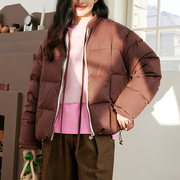 自制2023冬韩版90白鸭绒(白鸭绒，)保暖砖，红色立领羽绒服女加厚短面包服
