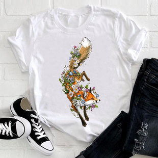 女式短袖狐狸动物4xl花卉加大码，花卉潮流风格衣服女士图形印花t恤