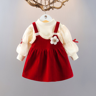 女童连衣裙秋冬时髦2件套裙3岁公主裙洋气加绒套装女宝宝周岁礼服