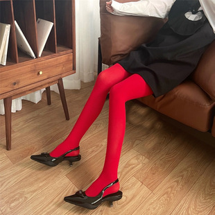 殷红色哑光丝袜糖果，色天鹅绒连裤袜子女，春秋时尚本命年红色打底裤