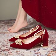 春季结婚鞋孕妇2023中式红色粗跟新娘绑带，秀禾敬酒鞋两穿