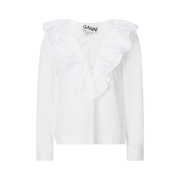 GANNI 24春夏白色棉质法式荷叶边绑带设计女士衬衫上衣