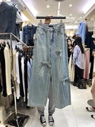 韩国小众独特设计蝴蝶结，高腰浅蓝色牛仔裤女休闲阔腿裤直筒长裤