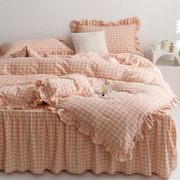 韩式公主风水洗棉纯棉床上四件套100全棉女孩，花边床单罩被套床裙4
