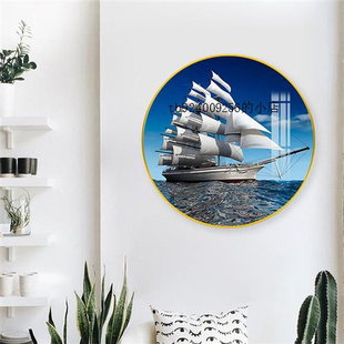 儿童房装饰画圆形有框画一帆风顺帆船挂画客厅，卧室床头餐厅墙壁画