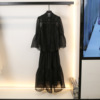 哥文卓雅蕾丝套装女镂空百褶半裙+黑色立领喇叭袖雪纺衬衫两件套