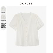 gcrues白色泡泡袖衬衫女2024夏季高级感衬衣v领韩版小衫上衣