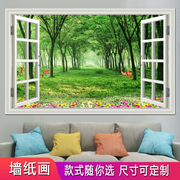 假窗户风景画沙发背景墙贴画，新中式客厅房间温馨浪漫北欧3d墙壁画