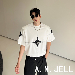 韩国版男装东大门23夏个性黑白撞色星星拼皮金属朋克宽松短袖T恤