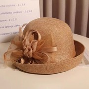 夏季帽子女亚麻英伦复古赫本时装，帽优雅法式名媛盆帽卷边花朵礼帽