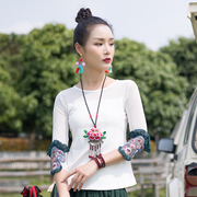 原创民族风女装时尚复古绣花网纱袖子棉质紧身显瘦T恤中国风上衣