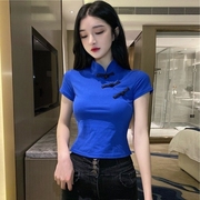 中国风复古黑色盘扣，小性感短款露脐旗袍式，修身短袖上衣女装潮夏季