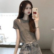 韩国夏季2024年镂空不规则短袖T恤女小众高腰短款露脐上衣