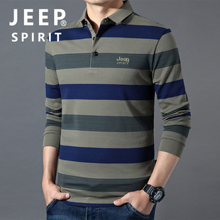 jeep长袖t恤男秋季纯棉条纹，打底衫翻领，宽松大码休闲polo衫加绒