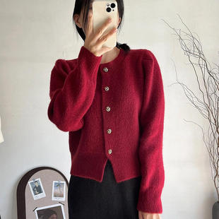 日系复古红色新年毛衣外套女春季短款针织开衫龙年本命年衣服