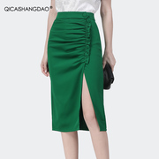 绿色半身裙女春中长款设计感小众2023高腰一步裙开叉包臀裙