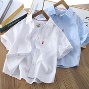 男童翻领短袖白衬衫2024夏季儿童纯棉休闲上衣，中大童百搭洋气衬衣