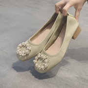 韩版珍珠水钻粗跟方头单鞋女浅口3厘米中跟软皮奶奶鞋绿色小清新