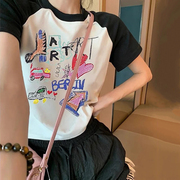 夏季韩国女大童修身短款趣味印花上衣爵士舞甜酷百搭撞色短袖T恤