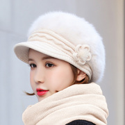 帽子女秋冬韩版针织帽，保暖贝雷帽毛线帽时尚加绒加厚护耳帽兔毛帽