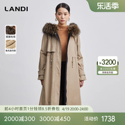 landi蓝地卡其色狐狸，毛领长款收腰派克服女皮草大衣2023冬装