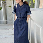韩国chic夏季复古翻领，口袋明线设计系带，卷边短袖水洗牛仔连衣裙女