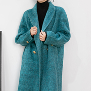 赫本风蓝色茧型双面羊绒，羊毛呢子大衣女，中长款高级感加厚毛呢外套