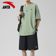 安踏青少年运动套装男夏季薄款透气绿色短袖短裤速干跑步运动服男