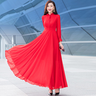 雪纺红色长袖连衣裙女2024夏季高端白色修身气质减龄大摆长裙