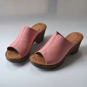 粉色真皮缝制高跟拖鞋粗跟防水台全皮露趾外贸皮拖奶油甜美潮流拖