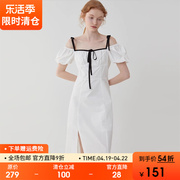 范洛2024夏季法式复古方，领连衣裙女高腰显瘦白色泡泡袖长裙子