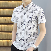 国潮短袖衬衫男夏季韩版修身棉质中国风衬衣男士潮流休闲印花寸衫