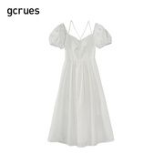 gcrues方领泡泡袖连衣裙系带夏宫廷风裙子高腰显瘦中长裙白色