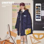 爱心小熊联名unifree藏蓝色美式学院风长款过膝菱格羽绒服女